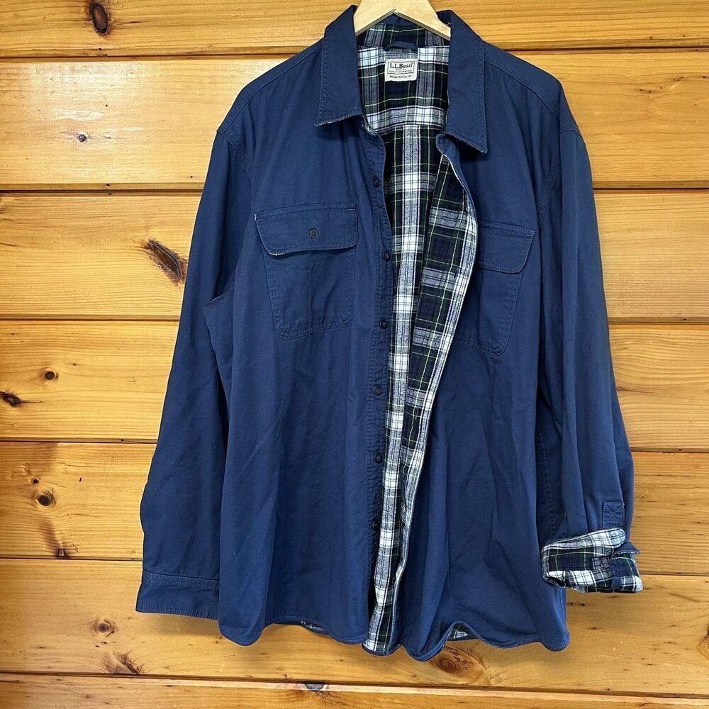LL Bean Men’s Blue Shirt Jacket Barn XXL Reg Flannel Lined Plaid